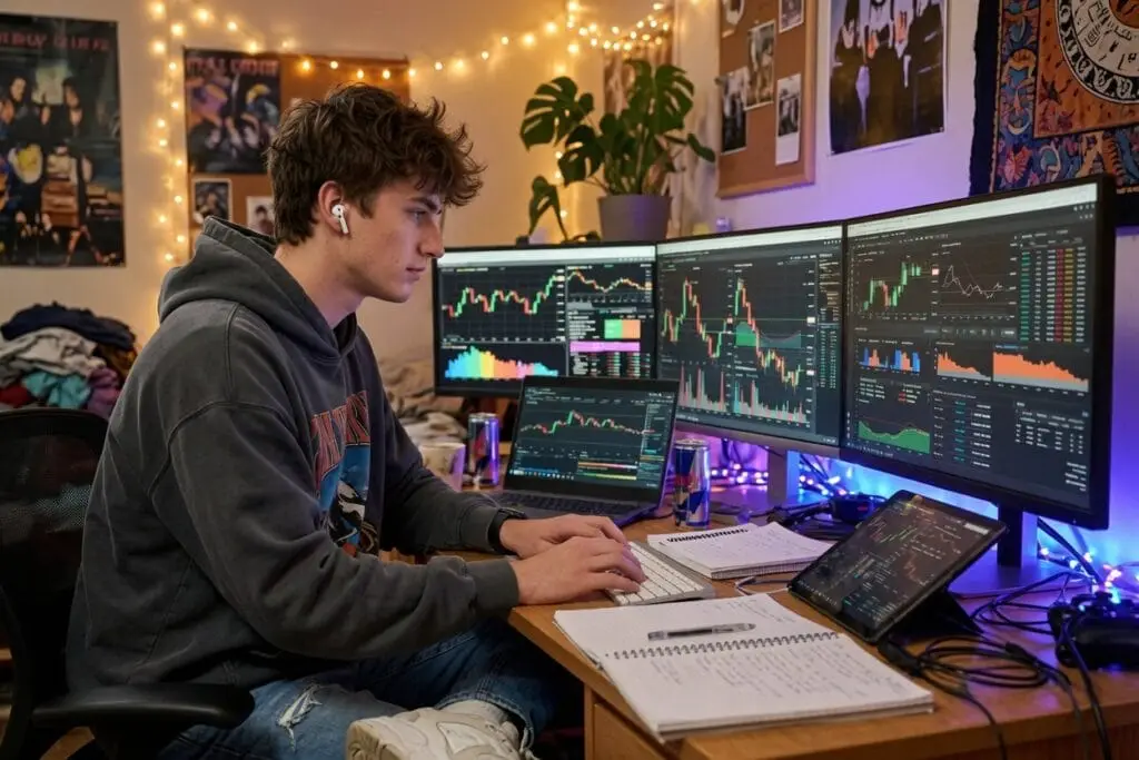 student researching stocks at home referencing quality sources